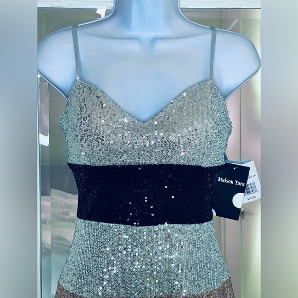 NWT. Maison Tara Color Blocked Sequin Midi Dress. Size 4. - Picture 3 of 10